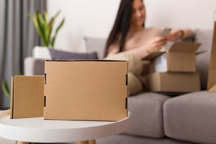 Foto gratuito mujer desempaquetando diferentes paquetes de ventas de cyber monday