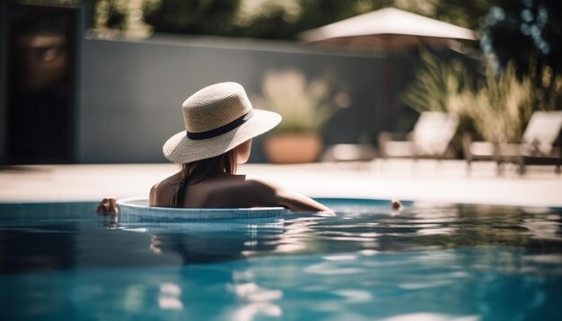 Una mujer disfrutando del sol y la relajación junto a la piscina generada por IA