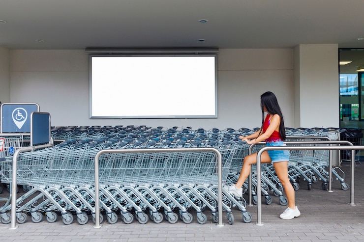 Foto gratuito mujer eligiendo un carrito de compras en el estacionamiento para carros