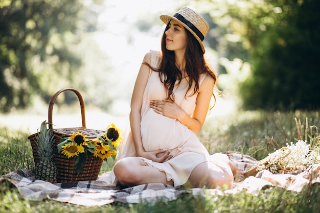 Mujer embarazada con picnic en el parque