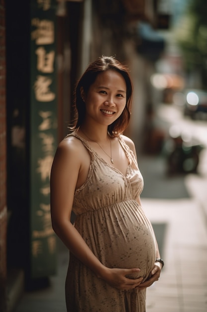 Mujer embarazada de tiro medio posando