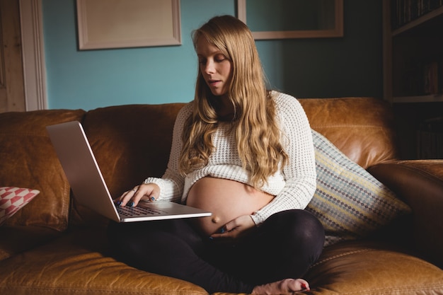 Mujer embarazada usando laptop en la sala de estar