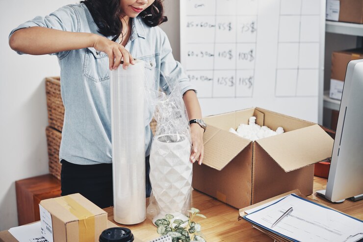 Foto gratuito mujer empacando orden en caja