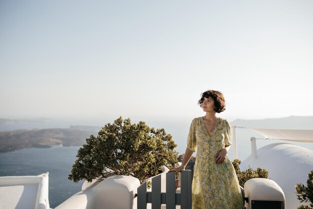 Una mujer encantadora y rizada con un vestido floral se apoya en la valla y mira a lo lejos Una dama morena con ropa de verano posa en el fondo del mar