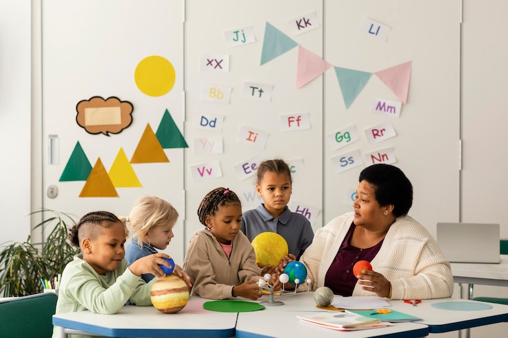 Foto gratuito mujer enseñando a los niños sobre los planetas