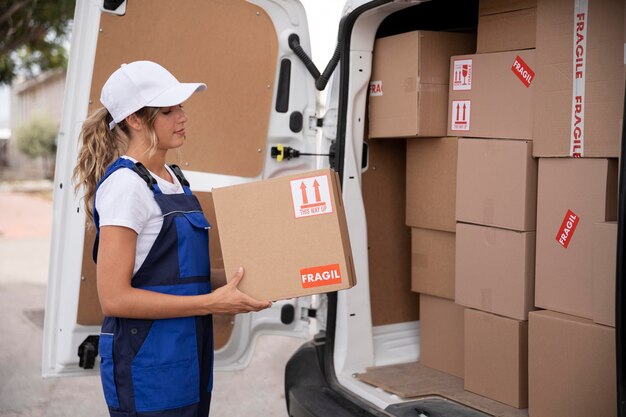 Mujer de entrega de tiro medio con caja