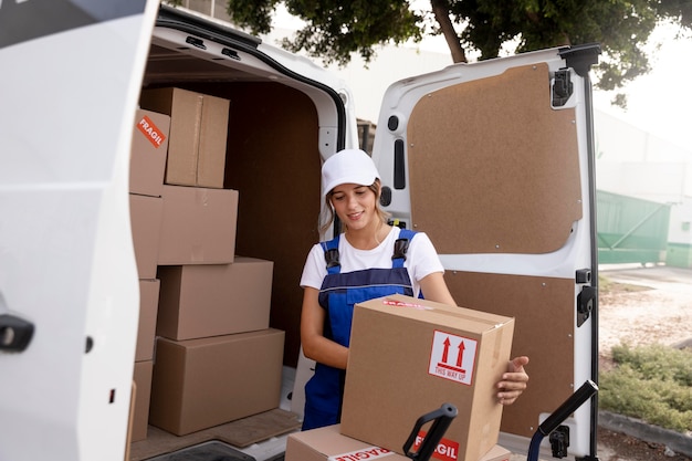 Mujer de entrega de tiro medio con paquete