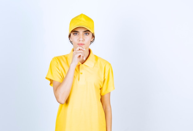 Mujer de entrega en uniforme amarillo de pie y mirando a cámara.