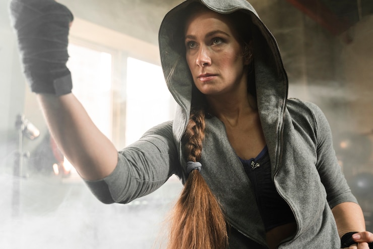 Mujer entrenando en centro de boxeo