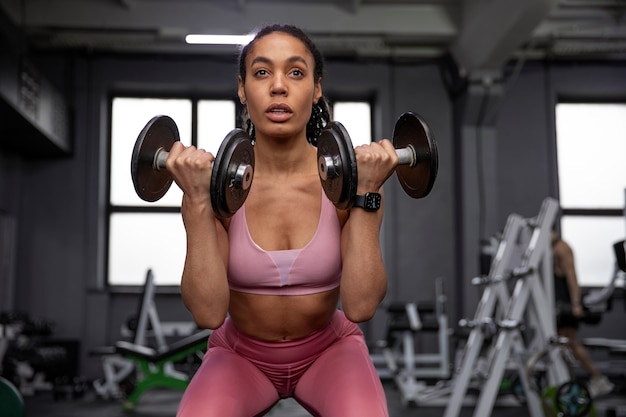 Mujer entrenando para levantamiento de pesas en el gimnasio