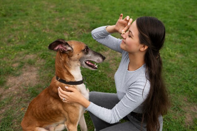 Mujer entrenando perro alto ángulo