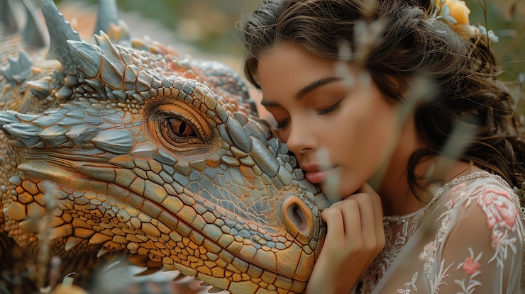 Foto gratuito la mujer con la escena de fantasía del dragón