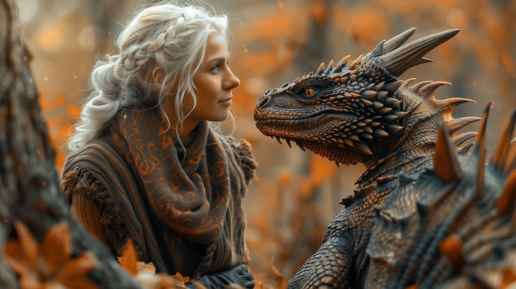 Foto gratuito la mujer con la escena de fantasía del dragón