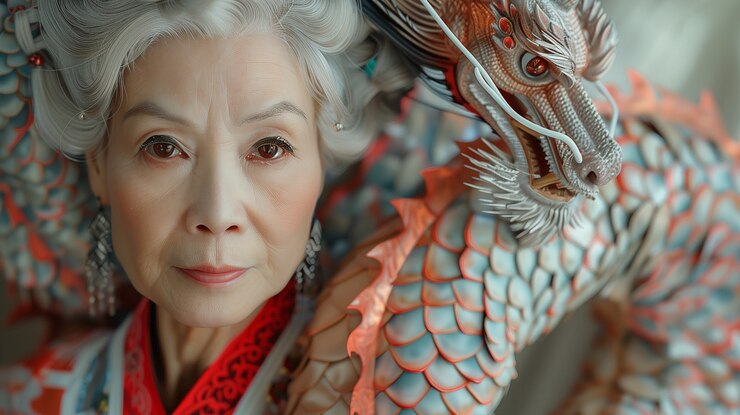 Foto gratuito la mujer con la escena de fantasía del dragón