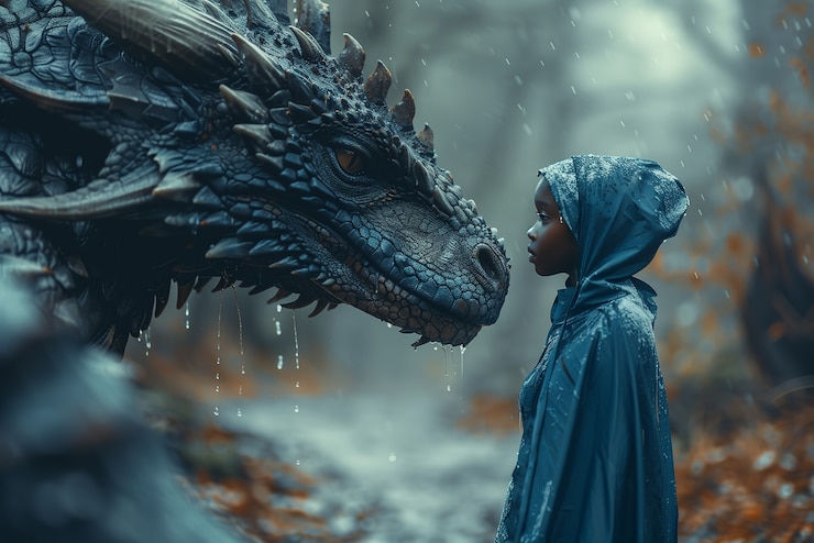 Foto gratuito la mujer con la escena de fantasía del dragón