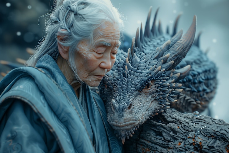 Foto gratuito la mujer con la escena de fantasía del dragón