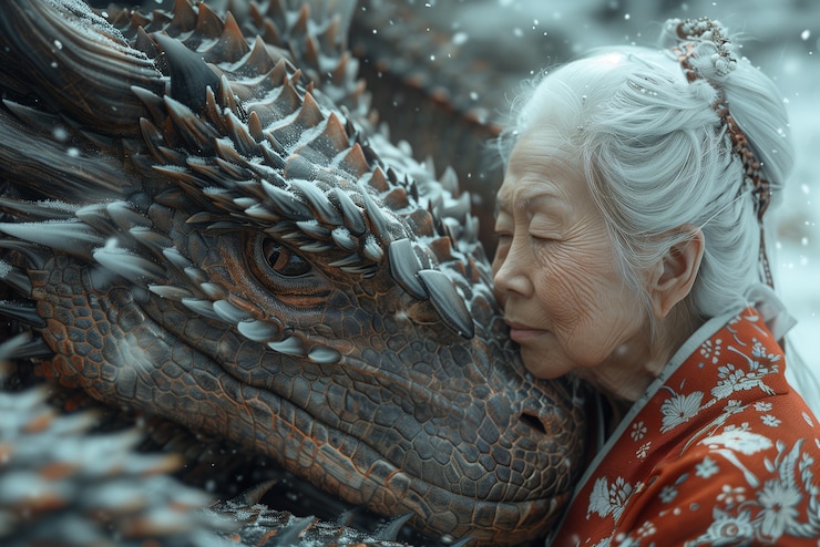 Foto gratuito la mujer con la escena de fantasía del dragón
