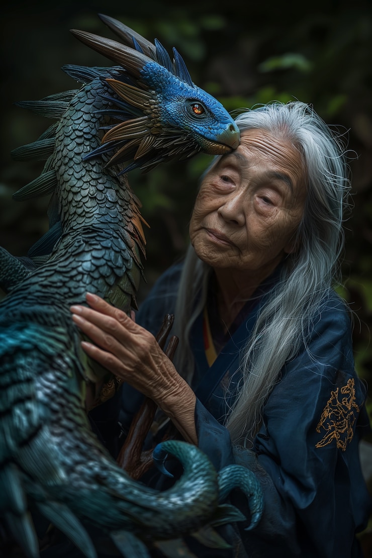 Foto gratuito la mujer con la escena de fantasía del dragón