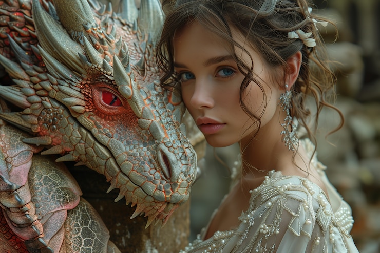 Foto gratuito la mujer con la escena de fantasía del dragón
