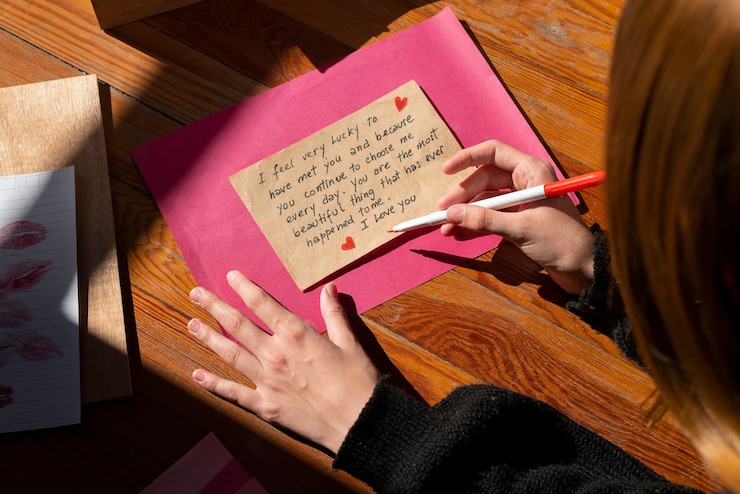 Foto gratuito una mujer escribiendo una carta de amor romántica a alguien