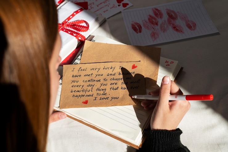 Foto gratuito una mujer escribiendo una carta de amor romántica a alguien