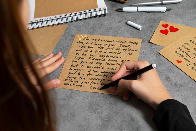 Una mujer escribiendo una carta de amor romántica a alguien