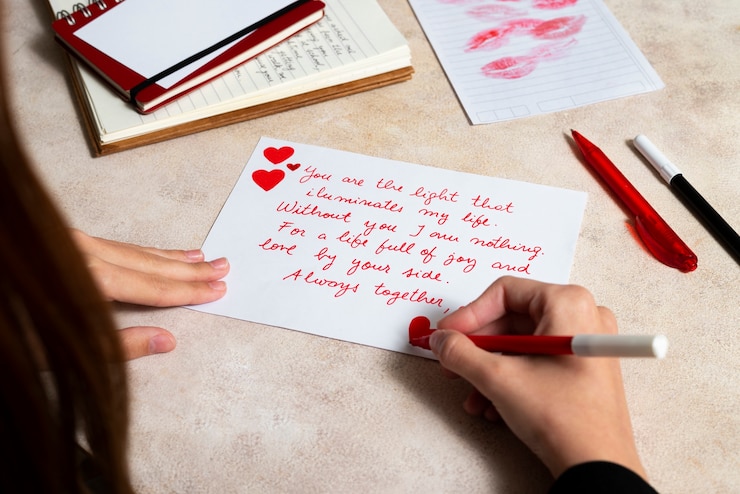 Foto gratuito una mujer escribiendo una carta de amor romántica a alguien