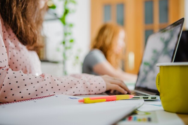 Mujer escribiendo portátil en la oficina