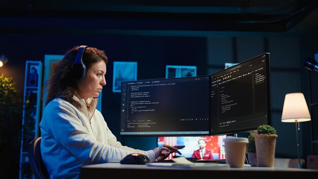 Mujer escuchando música mientras hace garantía de calidad de software
