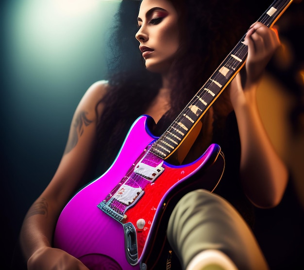 Una mujer está sentada con una guitarra que tiene la palabra música.