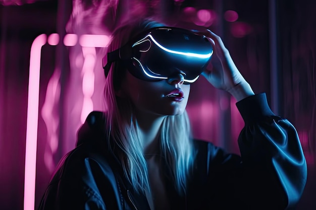 La mujer está usando auriculares de realidad virtual Retrato de estudio de luz de neón Concepto de tecnología de realidad virtual Ai generativo