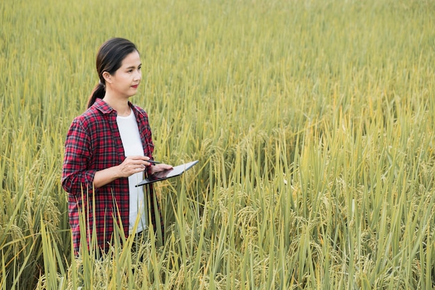 Mujer estudiando diferentes plantas con espacio de copia