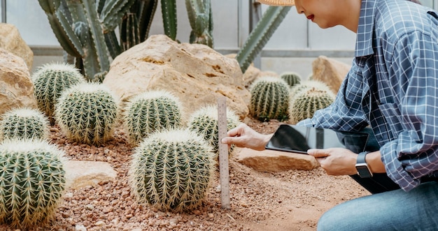 Foto gratuita mujer estudiando diferentes plantas con una tableta