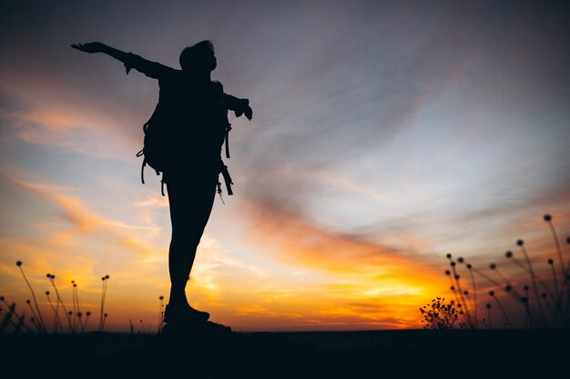 Mujer, excursión, en, el, montañas