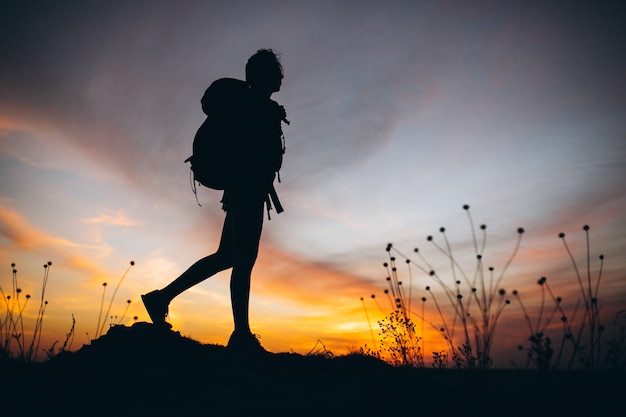 Mujer, excursión, en, el, montañas