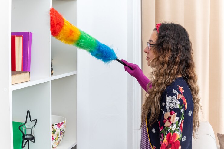 Foto gratuito mujer feliz en guantes de goma limpiando estantes con plumero estático en casa en la sala de estar ligera