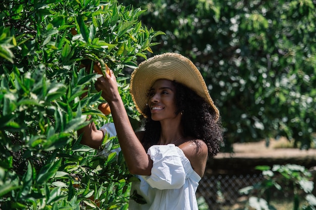 Mujer feliz recogiendo fruta naranja en el jardín