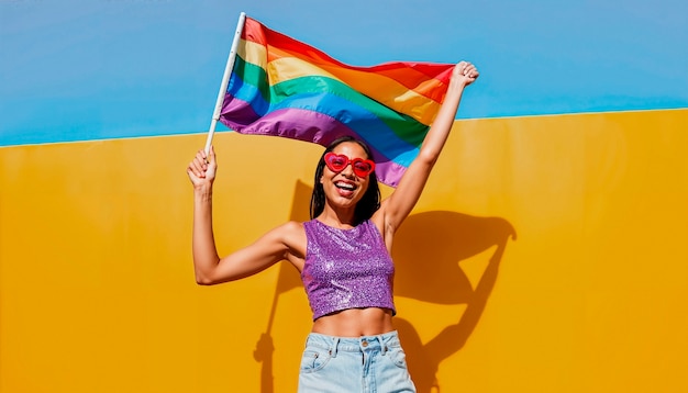 Mujer feliz sosteniendo una bandera del orgullo del arco iris con gafas de sol de corazón.