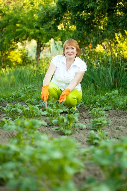 Mujer feliz trabajando en huerta