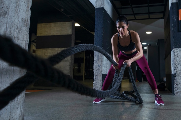Foto gratuito mujer fitness trabajando con cuerdas de batalla en el gimnasio