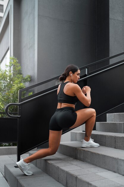 Mujer en forma de tiro completo entrenando al aire libre