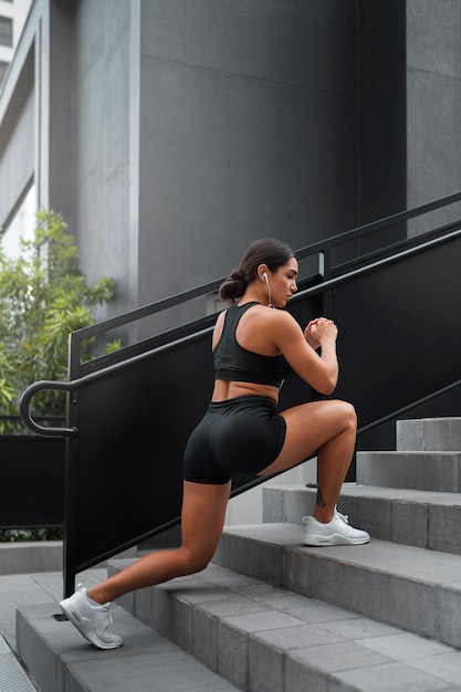 Mujer en forma de tiro completo entrenando al aire libre