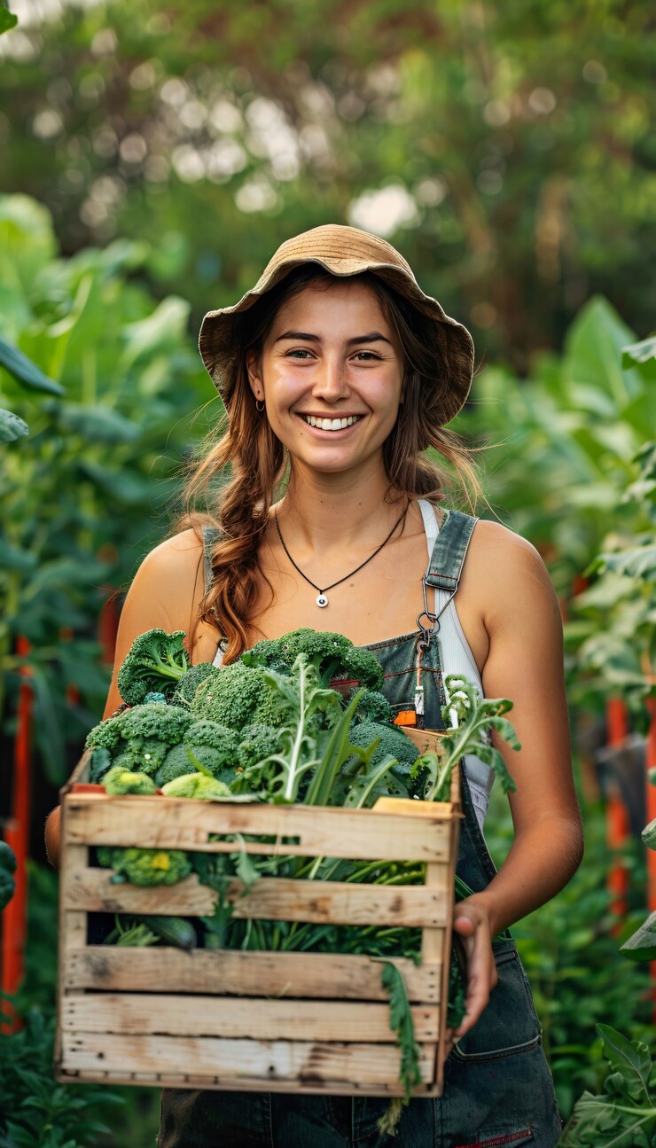 Foto gratuito mujer fotorrealista en un jardín ecológico sostenible cosechando productos