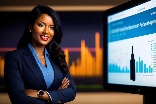 Una mujer se para frente a una pantalla de computadora que dice 'servicios financieros globales'