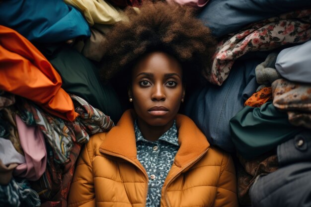 Mujer frente a una pila de mercancías de moda rápida