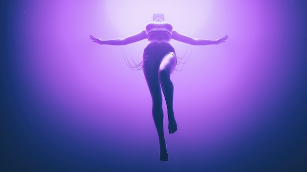 Foto gratuita mujer con gafas de realidad virtual flotando en el espacio de neón con cables conectados a ella. concepto de avatar metaverso.
