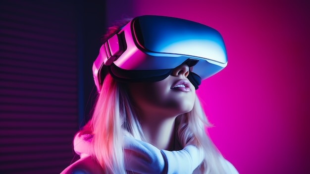 Foto gratuita mujer con gafas de realidad virtual para jugar