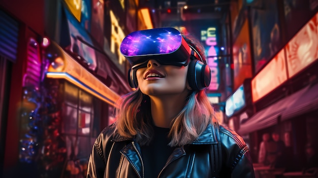 Foto gratuita mujer con gafas de realidad virtual para jugar