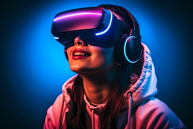 Mujer con gafas de realidad virtual para jugar