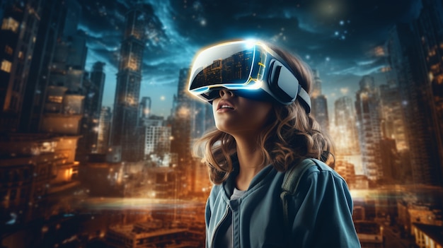 Foto gratuita mujer con gafas vr en ciudad futurista